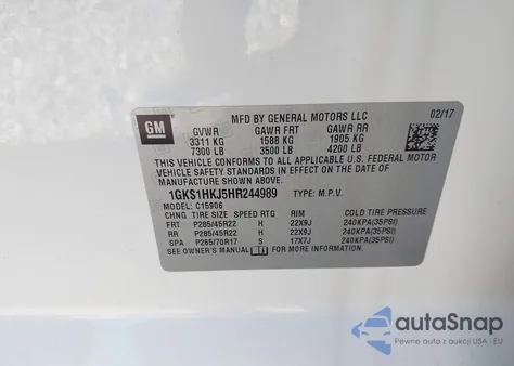 2017 GMC Yukon Xl Denali из США, поврежденный, VIN 1GKS1HKJ5HR244989